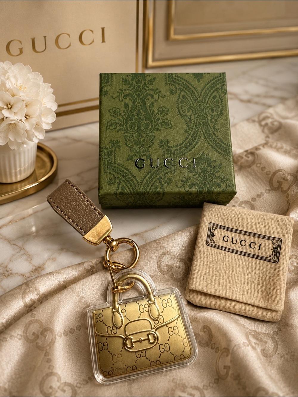 Gucci Gold and Tan GG Padlock Key & Card Holder Charm